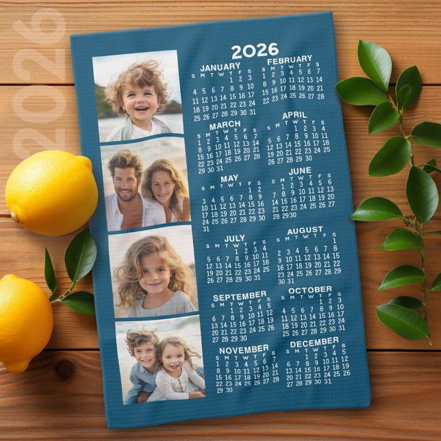 Calendar with 4 Photo Collage Blue Kitchen Towel (2026 Calendar)