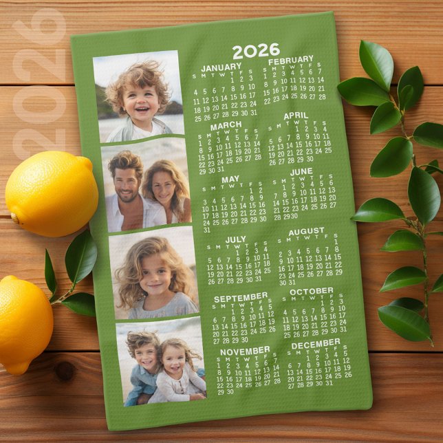 Calendar with 4 Photo Collage - Green Kitchen Towel (2026 Calendar)