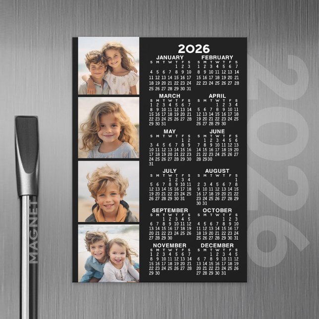 Calendar with 4 Photo Collage Magnetic Card (2026 Calendar with A Photo and Magnetic Back)