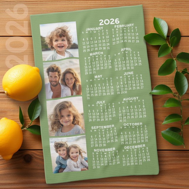 Calendar with 4 Photo Collage - Sage Green Kitchen Towel (2026 Calendar)