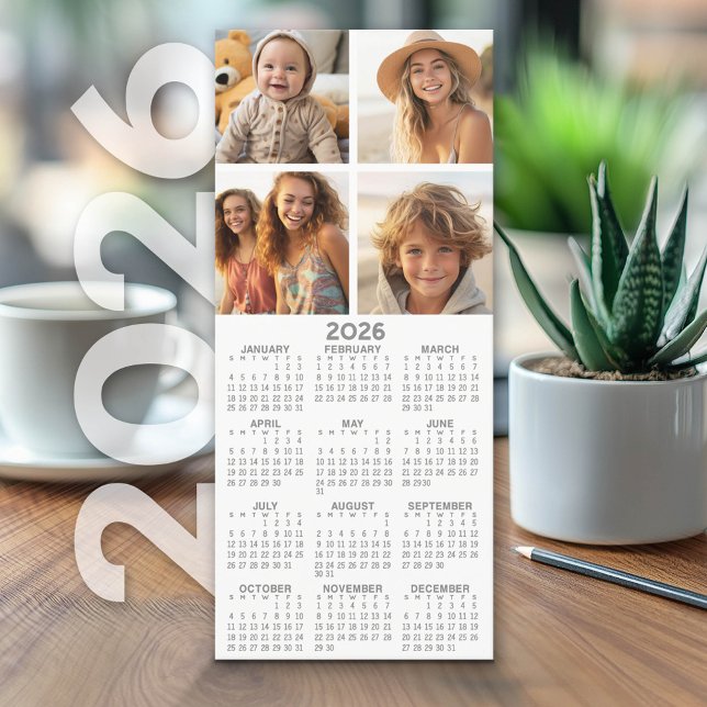 Calendar with 4 Photo Collage - White - Card (2026 Calendar on Cardstock - Simple, Minimal Design and Photo Collage)
