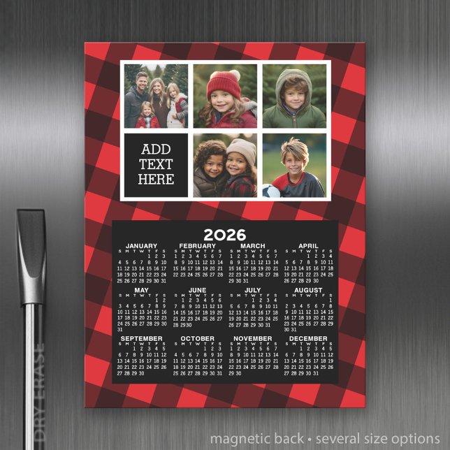 Calendar with 5 Photo collage - buffalo plaid Magnetic Dry Erase Sheet (2026 Calendar)