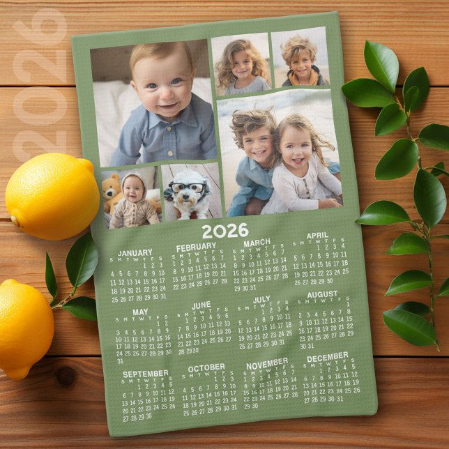 Calendar with 6 Photo Collage - Sage Green Kitchen Towel (2026 Calendar)