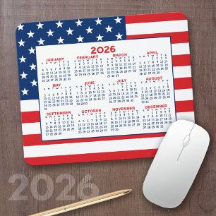 Calendar with American Flag - Red White Blue Mouse Pad