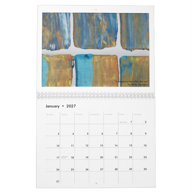 Calendar with bright art and tips for creativity (Jan 2027)