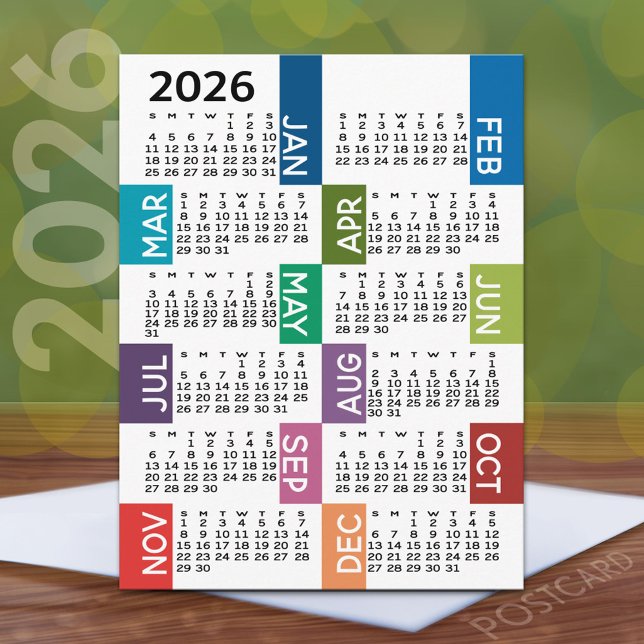 Calendar with funky colorful months postcard (2026 Calendar Postcard)