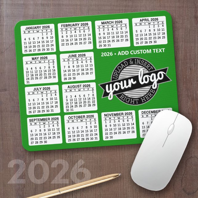 Calendar with logo and Text - Green and White Mouse Pad (2026 Calendar Mousepad)