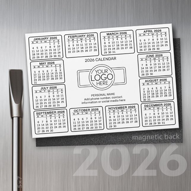 Calendar with logo Contact Information Magnet (2026 Calendar with a Place for your logo - Hand Out To Clients as a Thank You Gift!)