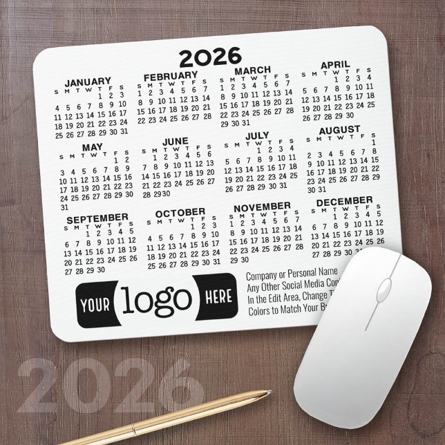 Calendar with logo, Contact Information White Mouse Pad (2026 Calendar on a Mousepad)