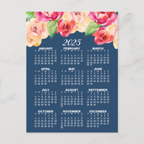 Calendar with Painted Watercolor Flowers Postcard