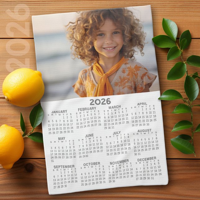 Calendar with Photo Full Year View Modern Minimal Kitchen Towel (2026 Calendar)
