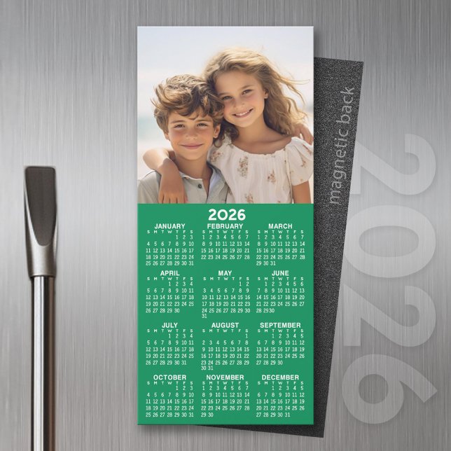 Calendar with Photo - green background (2026 Calendar Magnet for the Fridge or Home Office - Add a Photo for a Personal Touch)