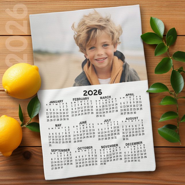 Calendar with Photo - Year View - Black White Kitchen Towel (2026 Calendar)