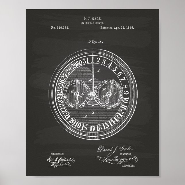 Calender Clock 1885 Patent Art Chalkboard Poster (Front)