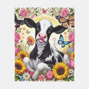 Calf in a Vibrant Floral and Butterfly Wonderland Fleece Blanket