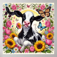 Calf in a Vibrant Floral and Butterfly Wonderland
