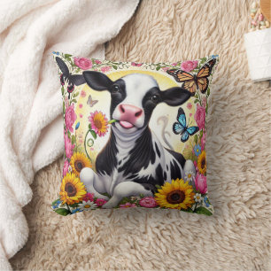 Calf in a Vibrant Floral and Butterfly Wonderland Throw Pillow