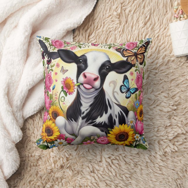 Calf in a Vibrant Floral and Butterfly Wonderland Throw Pillow (Blanket)