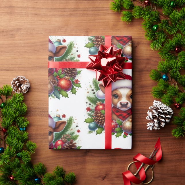 Calf in Santa Hat Surrounded by Christmas Ornament Wrapping Paper (Holiday Gift)
