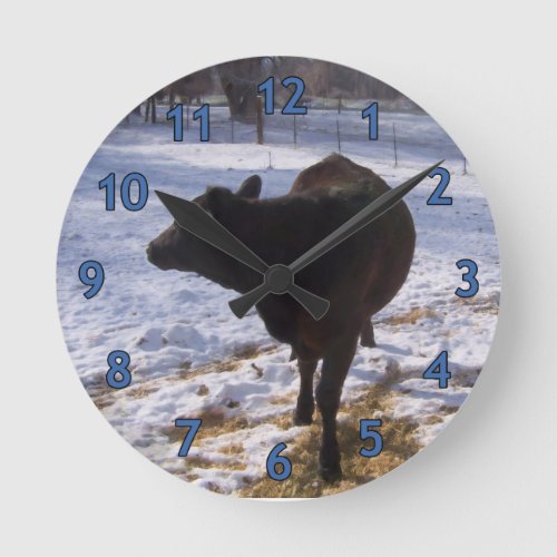 Calf in Spring Snow Round Clock