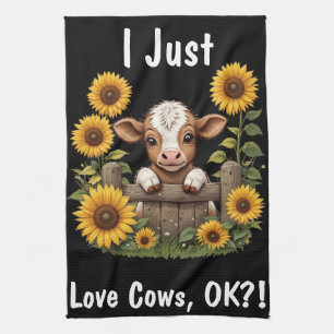 Calf Peeking Over Fence Surrounded by Sunflowers Kitchen Towel