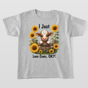 Calf Peeking Over Fence Surrounded by Sunflowers T-Shirt