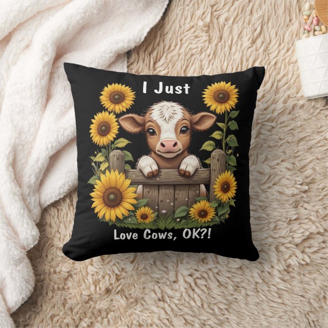 Calf Peeking Over Fence Surrounded by Sunflowers Throw Pillow (Blanket)