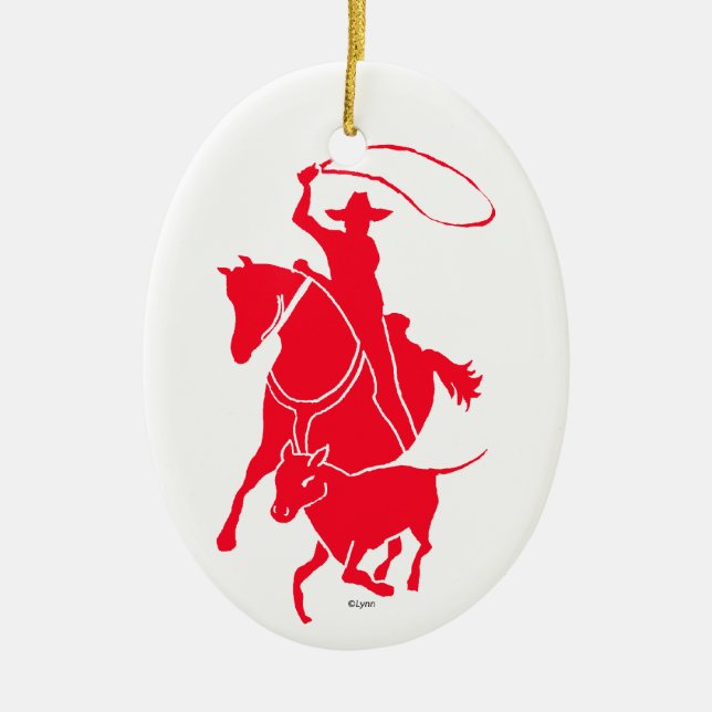 Calf Roper Red Ceramic Ornament (Front)