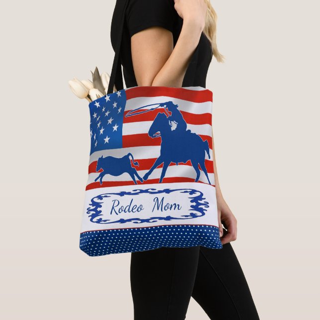 Calf Roping American Flag Rodeo Mom or Your Text Tote Bag (Close Up)