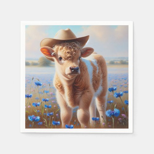 Calf With Cowboy Hat In Pasture  Napkins