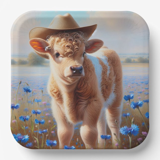 Calf With Cowboy Hat In Pasture  Paper Plates (Front)