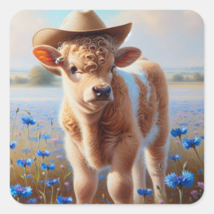 Calf With Cowboy Hat In Pasture  Square Sticker