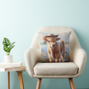 Calf With Cowboy Hat In Pasture Throw Pillow