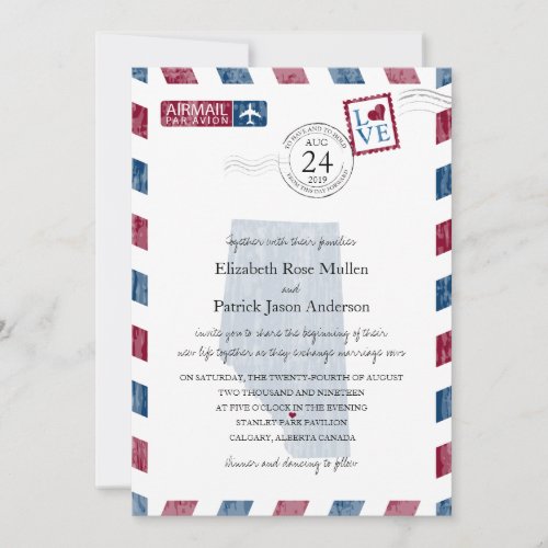 Calgary Alberta Canada Airmail Wedding Invitation