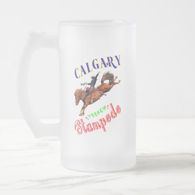 Calgary Yeehaw Stampede Frosted Glass Beer Mug (Left)