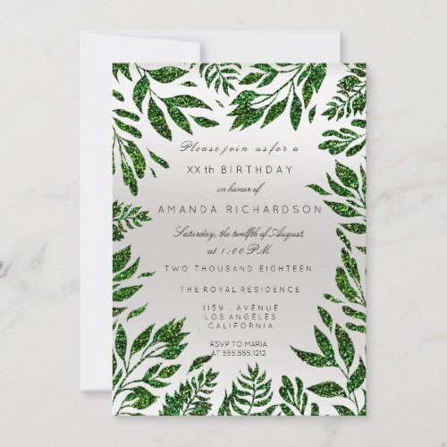 Cali Green Glitter Leafs Floral Frame Gray Silver Invitation