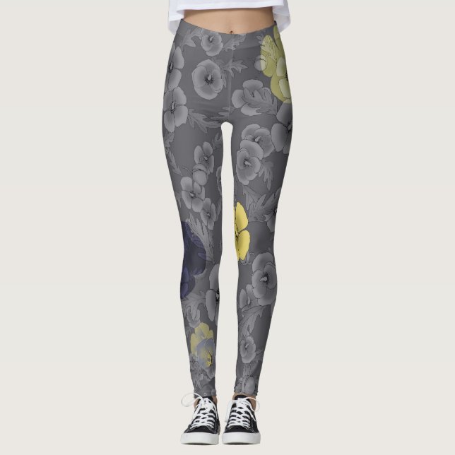 Cali Poppies Oversize Print in Gray & Yellow Leggings (Front)