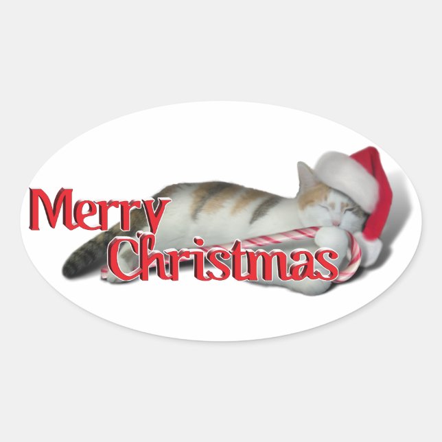 Cali, the Candy Cane Kitty Oval Sticker (Front)