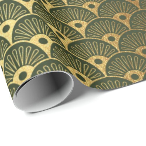 Cali Woodland Green Metallic Seashells Art Deco Wrapping Paper