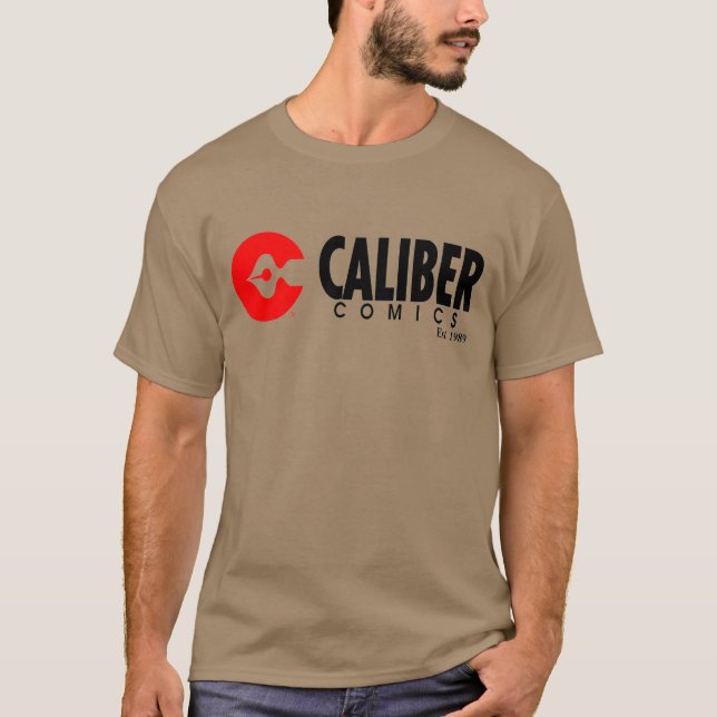 Caliber Comics logo tan t-shirt (Front)