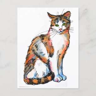 Calico Cat #2 Feline Kitten Watercolor Painting Postcard