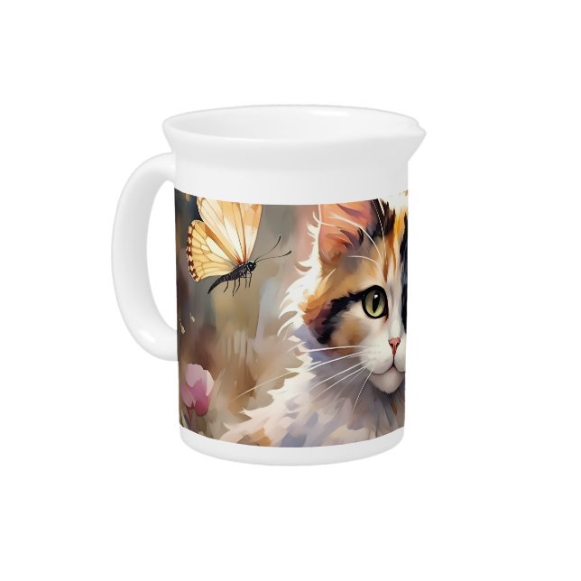Calico Cat and Butterflies in Spring Garden Beverage Pitcher (Left)
