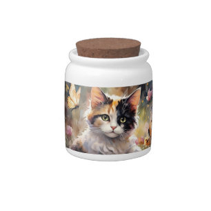 Calico Cat and Butterflies in Spring Garden Candy Jar