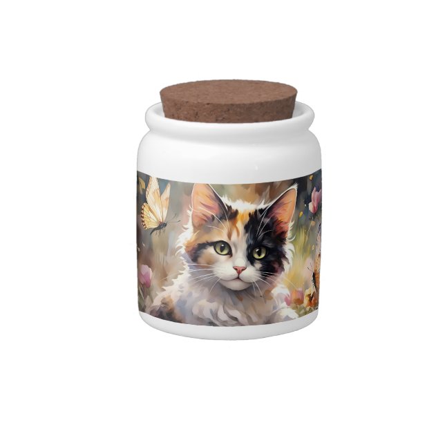 Calico Cat and Butterflies in Spring Garden Candy Jar (Right)
