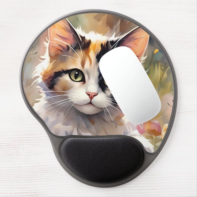 Calico Cat and Butterflies in Spring Garden Gel Mouse Pad (Left Side)