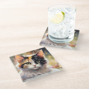 Calico Cat and Butterflies in Spring Garden Glass Coaster