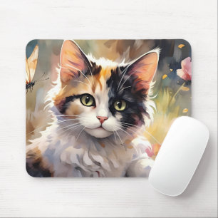 Calico Cat and Butterflies in Spring Garden Mouse Pad