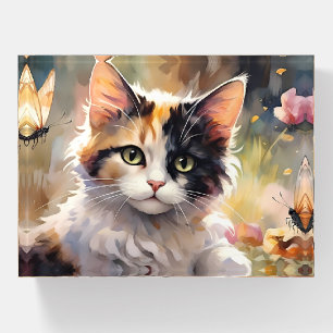 Calico Cat and Butterflies in Spring Garden Paperweight