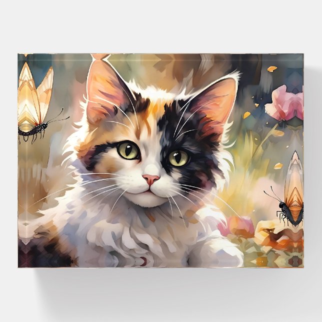 Calico Cat and Butterflies in Spring Garden Paperweight (Front)