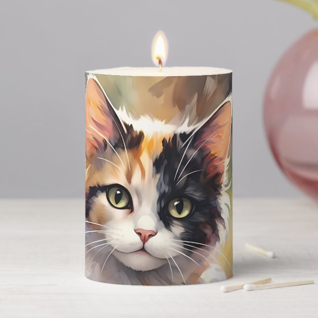 Calico Cat and Butterflies in Spring Garden Pillar Candle (In Situ)
